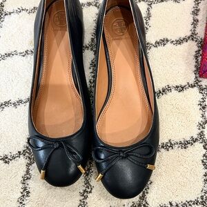 Tory Burch Black Leather Bow Ballet Flats